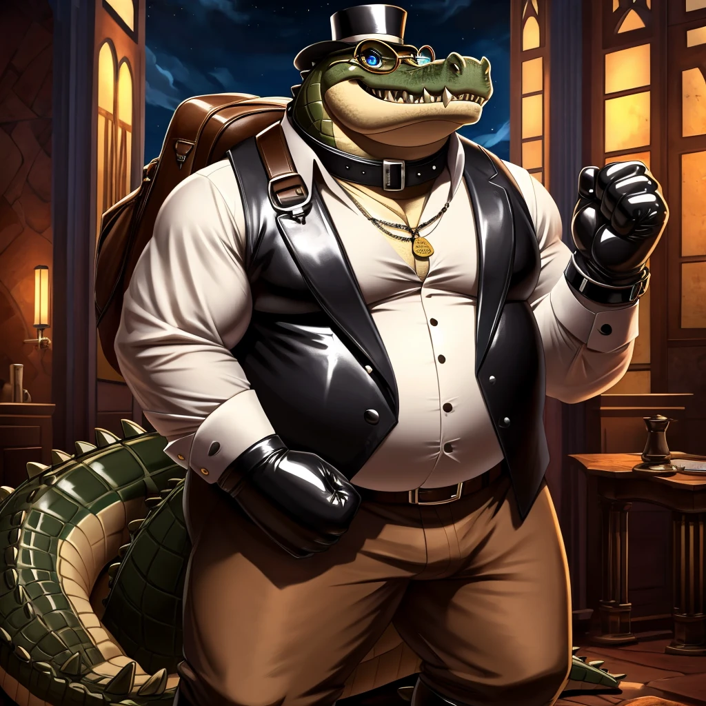 Solo, Male, fat, extremely obese, gentleman, dapper Professor Crocodile, blue eyes, (posing:1.3), (soft shading), 4k, hi res, ((detailed face, detailed)), looking at viewer, evil grin, steampunk, collared shirt with buttons, top hat, male focus, Explorer Outfit, glasses, monocle, bag, vest with buttons, backpack, sleeves rolled up, round eyewear, brown headwear, brown vest, Crocodile is wearing a glossy leather dog collar around the neck, Crocodile is wearing the leather collar and shirt and vest at the same time, Crocodile is wearing glossy white rubber gloves on the hands, wearing white rubber gloves on the feet, Crocodile is wearing glossy white cuffs around the wrists with cufflinks, gloves are rubber in texture, clenching teeth, clenching fists, leather collar is glossy and shiny with a lot of detail, Crocodile is wearing gloves and cuffs and cufflinks at the same time, leather collar has a round dog-tag, leather collar is thick and detailed.