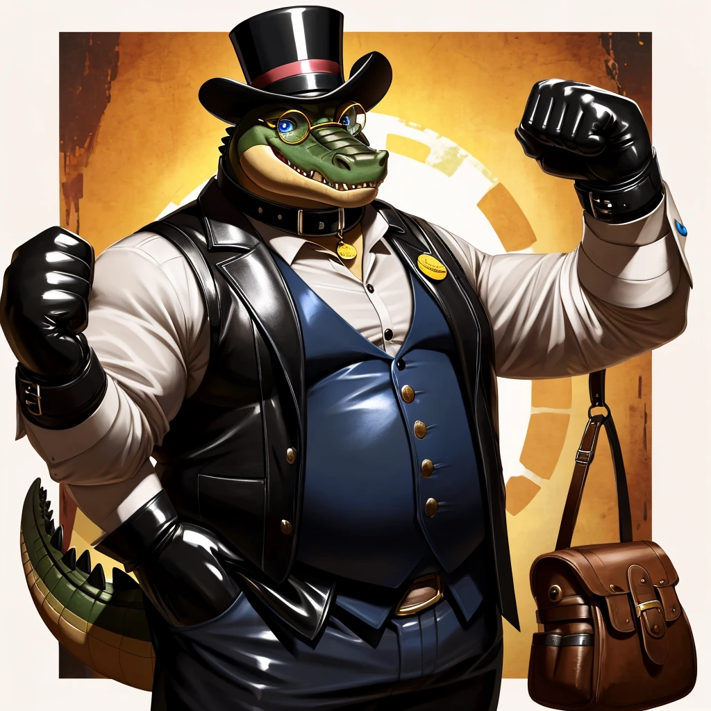 Solo, Male, fat, extremely obese, gentleman, dapper Professor Crocodile, blue eyes, (posing:1.3), (soft shading), 4k, hi res, ((detailed face, detailed)), looking at viewer, evil grin, steampunk, collared shirt with buttons, top hat, male focus, Explorer Outfit, glasses, monocle, bag, vest with buttons, backpack, sleeves rolled up, round eyewear, brown headwear, brown vest, Crocodile is wearing a glossy leather dog collar around the neck, Crocodile is wearing the leather collar and shirt and vest at the same time, Crocodile is wearing glossy white rubber gloves on the hands, wearing white rubber gloves on the feet, Crocodile is wearing glossy white cuffs around the wrists with cufflinks, gloves are rubber in texture, clenching teeth, clenching fists, leather collar is glossy and shiny with a lot of detail, Crocodile is wearing gloves and cuffs and cufflinks at the same time, leather collar has a round dog-tag, leather collar is thick and detailed.