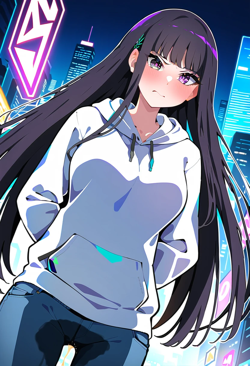 (masterpiece:1.37), best quality, (extremely detailed:1.37), woman, mature, adult, large breasts, very long hair, (straight hair:1.5), dark purple hair, purple eyes, (extremely detailed eyes:1.37), hoodie, jeans, desperation, (wetting: self 4.0), standing, embarrassed, humiliation, blushing, angry, city, futuristic, neon lighting, high-tech, street