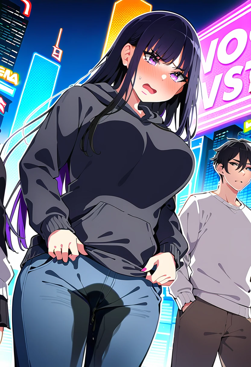 (masterpiece:1.37), best quality, (extremely detailed:1.37), woman, mature, adult, large breasts, very long hair, (straight hair:1.5), dark purple hair, purple eyes, (extremely detailed eyes:1.37), hoodie, jeans, desperation, (wetting: self 4.0), standing, embarrassed, humiliation, blushing, angry, city, futuristic, neon lighting, high-tech, street