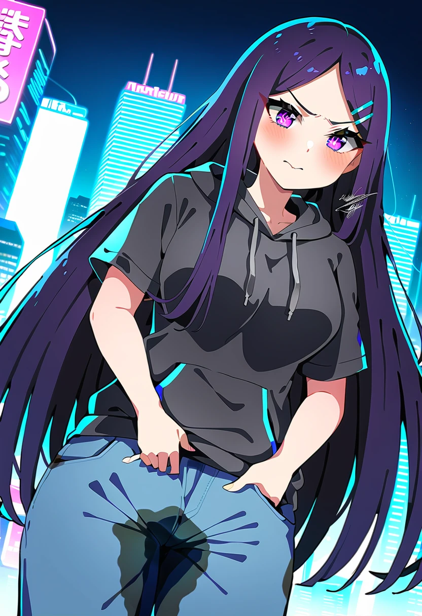 (masterpiece:1.37), best quality, (extremely detailed:1.37), woman, mature, adult, large breasts, very long hair, (straight hair:1.5), dark purple hair, purple eyes, (extremely detailed eyes:1.37), hoodie, jeans, desperation, (wetting: self 4.0), standing, embarrassed, humiliation, blushing, angry, city, futuristic, neon lighting, high-tech, street