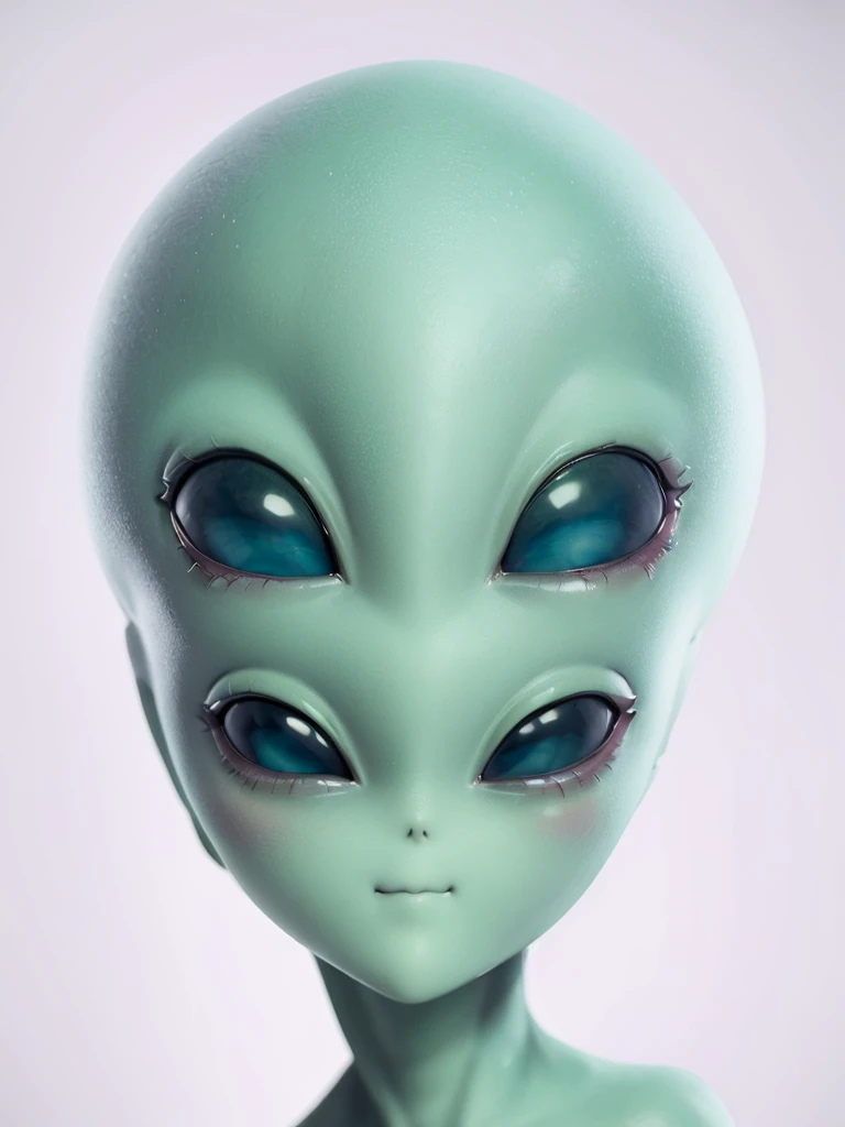 (((Masterpiece))), (high quality),(one alien girl:1.2), ,(innocent smile),5 heads,(Skinhead,Gray aliens,Large, dark, almond-shaped eyes,:1.2),(No hair, no whites, no ears:1.3),(Wearing a silver body-fitting suit:1.2),(Close-up of a blushing face,place both hands on cheeks:1.5),Plain background,(from above:1.5)