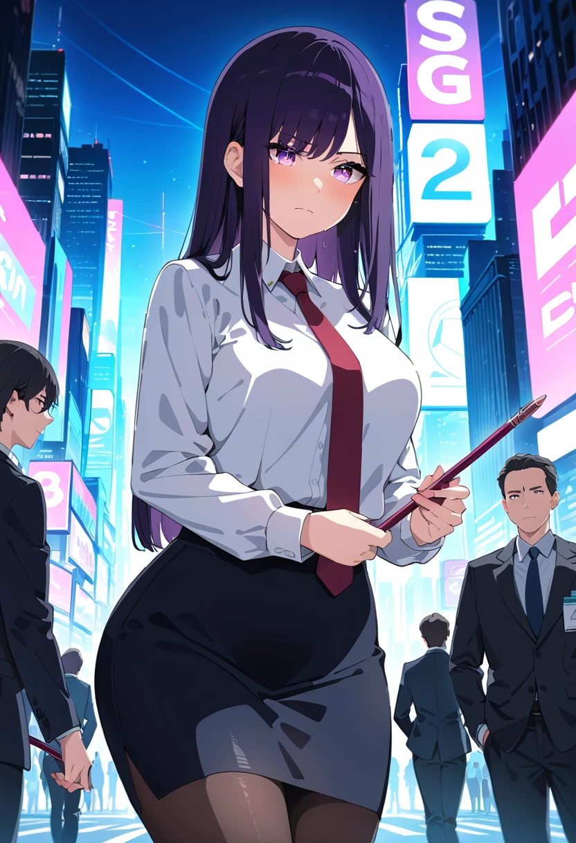 (masterpiece:1.37), best quality, (extremely detailed:1.37), woman, mature, adult, large breasts, very long hair, (straight hair:1.5), dark purple hair, purple eyes, (extremely detailed eyes:1.37), business suit, necktie, (long pencil skirt:1.5), pantyhose, desperation, (wetting: self 2.0), standing, embarrassed, humiliation, blushing, angry, city, futuristic, neon lighting, high-tech, street