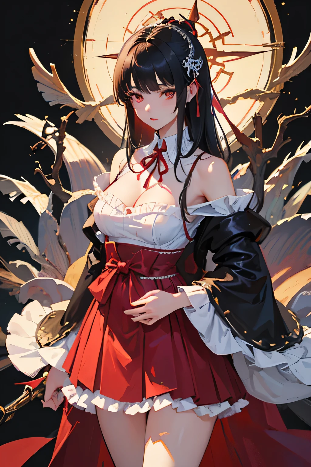 masterpiece, top quality, super detailed, high resolution, (ink painting style), excellent anatomy, beautiful 1 woman, (best illustrations),(so beautiful), hanging breasts, so beautiful long feet, black hair, red eyes, long hair, hime cut, removable sleeves, skirt, frills, red skirt, wide sleeves, red shirt, frilled skirt, sleeves edged with ribbon, ruffle shirt collar, bare shoulders, skirt, non-traditional shrine maiden, ((cowboy shot:1.2)), best light, best shadow, mysterious, perfect face, highly detailed,