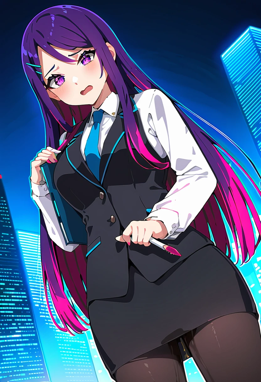 (masterpiece:1.37), best quality, (extremely detailed:1.37), woman, mature, adult, large breasts, very long hair, (straight hair:1.5), dark purple hair, purple eyes, (extremely detailed eyes:1.37), business suit, necktie, (long pencil skirt:1.5), pantyhose, desperation, (wetting: self 3.5), standing, embarrassed, humiliation, blushing, angry, city, futuristic, neon lighting, high-tech, street