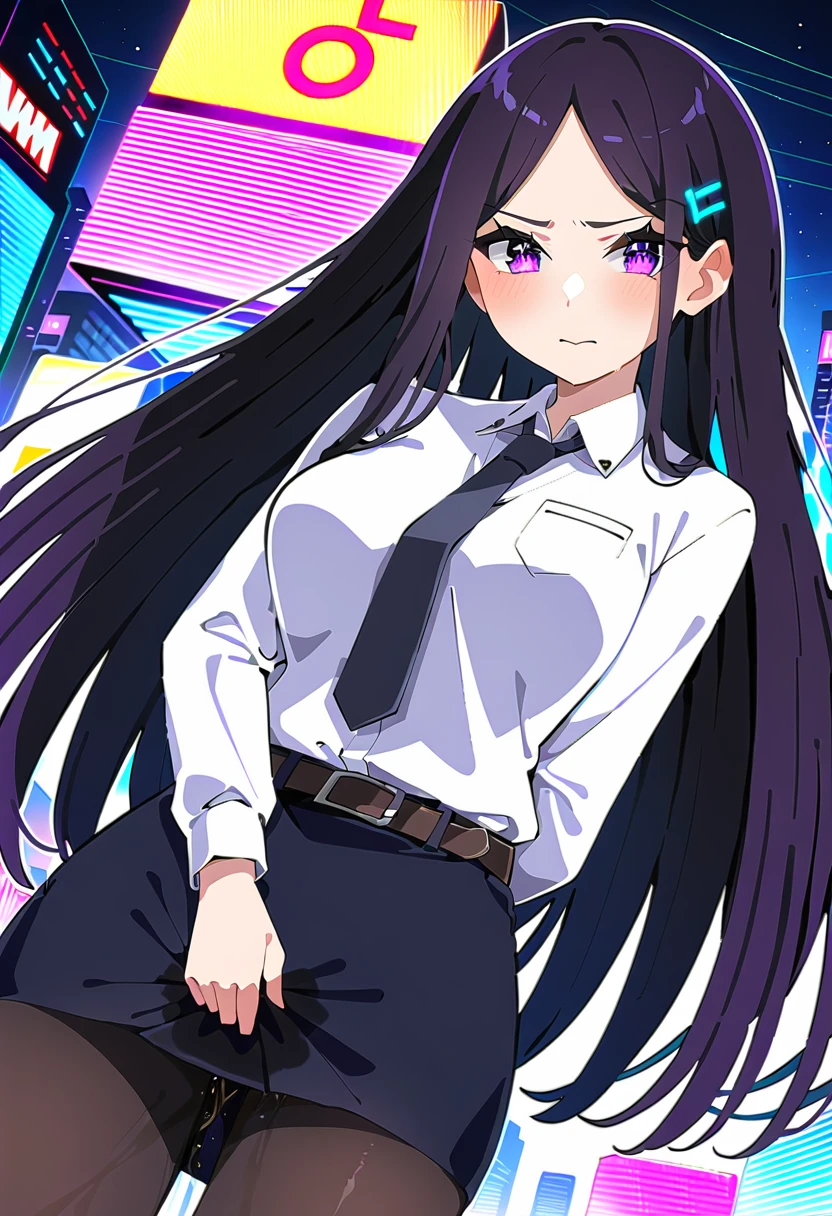 (masterpiece:1.37), best quality, (extremely detailed:1.37), woman, mature, adult, large breasts, very long hair, (straight hair:1.5), dark purple hair, purple eyes, (extremely detailed eyes:1.37), business suit, necktie, (long pencil skirt:1.5), pantyhose, desperation, (wetting: self 3.5), standing, embarrassed, humiliation, blushing, angry, city, futuristic, neon lighting, high-tech, street