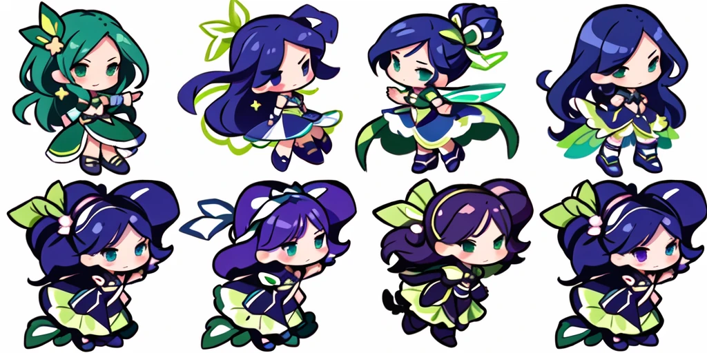 a close up of a cartoon character with different poses, spritesheet, sprite sheet, with familiar sprites, sprites, fairy girl, morgana, default pose neutral expression, twirling, sprite 2 d, shady, green fairy, smol, multiple poses, cute chibi, kawaii