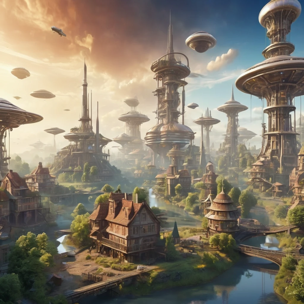 Alien farming town in the sky (scene of life) futuristic mill ships in the sky