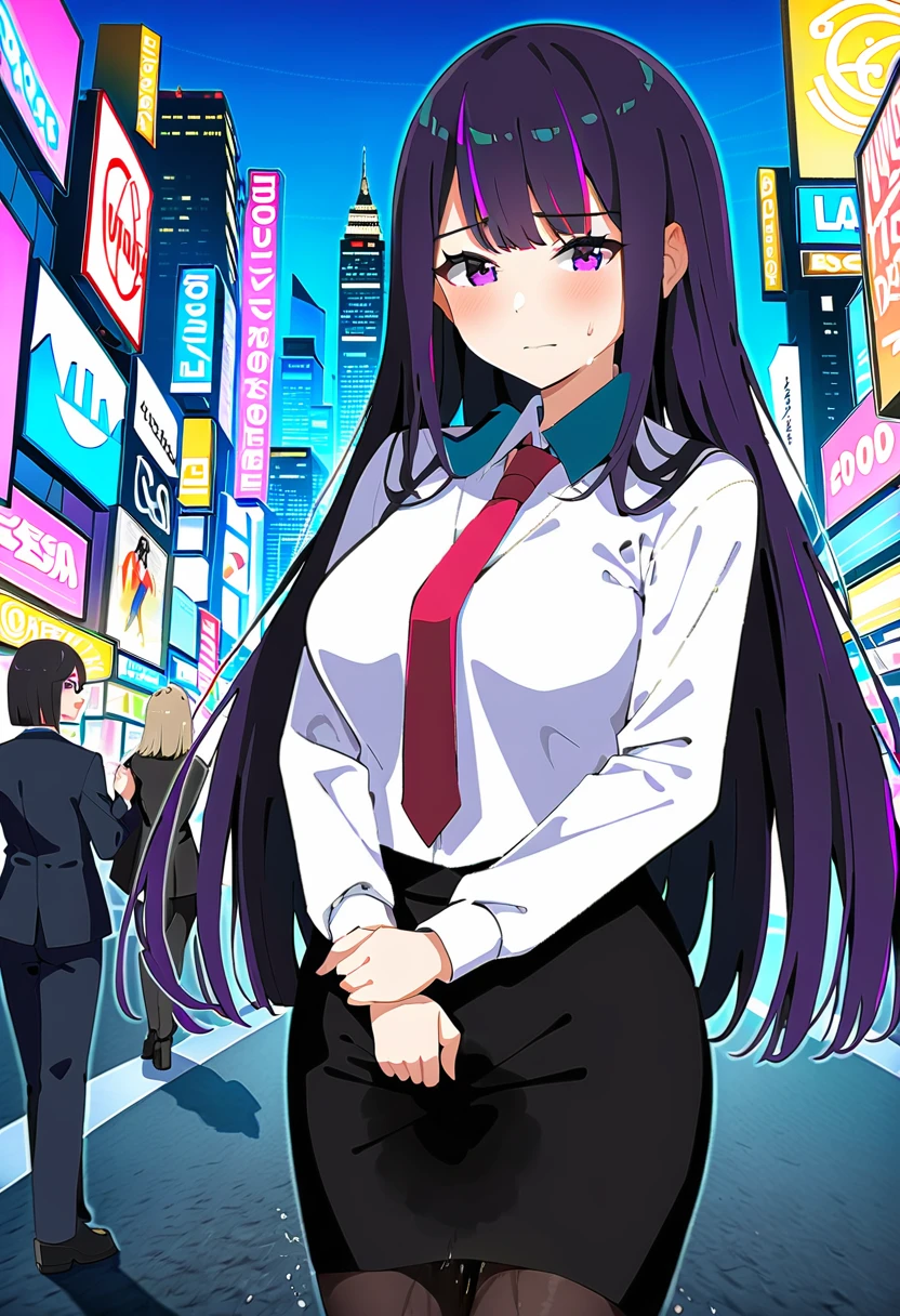 (masterpiece:1.37), best quality, (extremely detailed:1.37), woman, mature, adult, large breasts, very long hair, (straight hair:1.5), dark purple hair, purple eyes, (extremely detailed eyes:1.37), business suit, necktie, (long pencil skirt:1.5), pantyhose, desperation, (wetting: self 2.5), standing, embarrassed, humiliation, blushing, angry, city, futuristic, neon lighting, high-tech, street