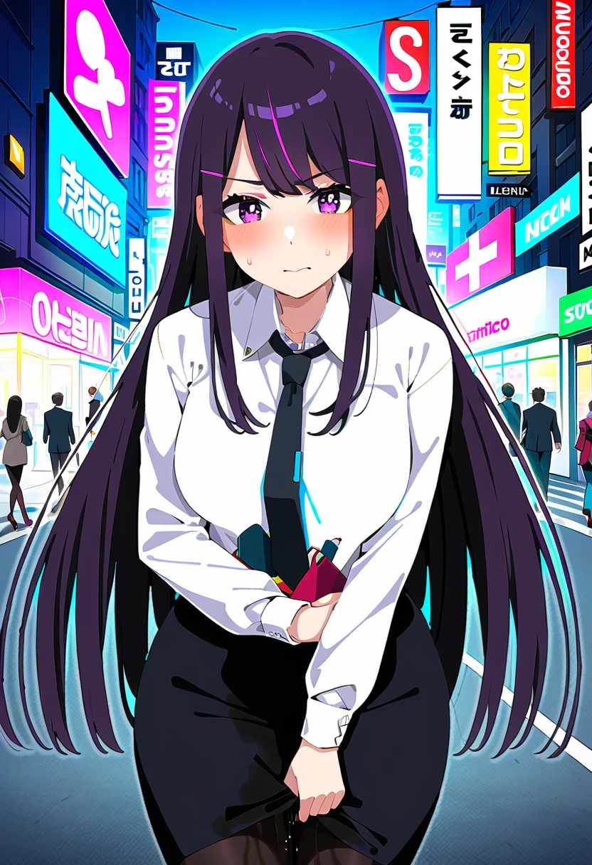 (masterpiece:1.37), best quality, (extremely detailed:1.37), woman, mature, adult, large breasts, very long hair, (straight hair:1.5), dark purple hair, purple eyes, (extremely detailed eyes:1.37), business suit, necktie, (long pencil skirt:1.5), pantyhose, desperation, (wetting: self 2.5), standing, embarrassed, humiliation, blushing, angry, city, futuristic, neon lighting, high-tech, street