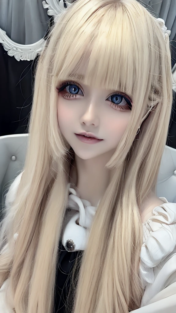 perfectly beautiful face、Messy silky beautiful blonde hair、12 year old beautiful cute girl、Very beautiful beautiful bright pale sky blue big eyes、very super long beautiful blonde silky shiny hair、long beautiful bangs、very big eyes、small face beauty、eyeliner、very white shiny skin、gross face、cheek gloss、hair above eyes、片hair above eyes、hair between eyes、