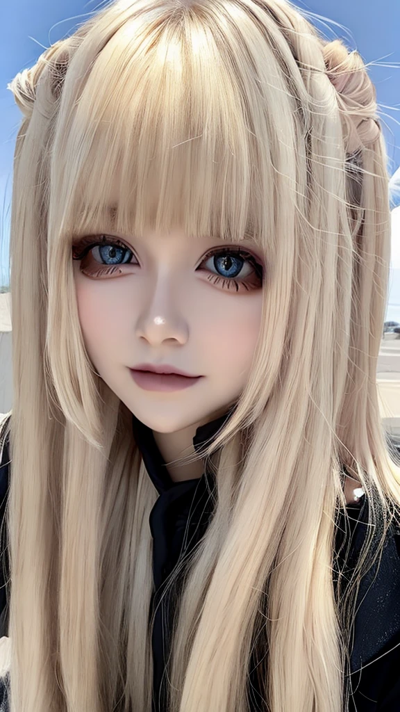 perfectly beautiful face、Messy silky beautiful blonde hair、12 year old beautiful cute girl、Very beautiful beautiful bright pale sky blue big eyes、very super long beautiful blonde silky shiny hair、long beautiful bangs、very big eyes、small face beauty、eyeliner、very white shiny skin、gross face、cheek gloss、hair above eyes、片hair above eyes、hair between eyes、