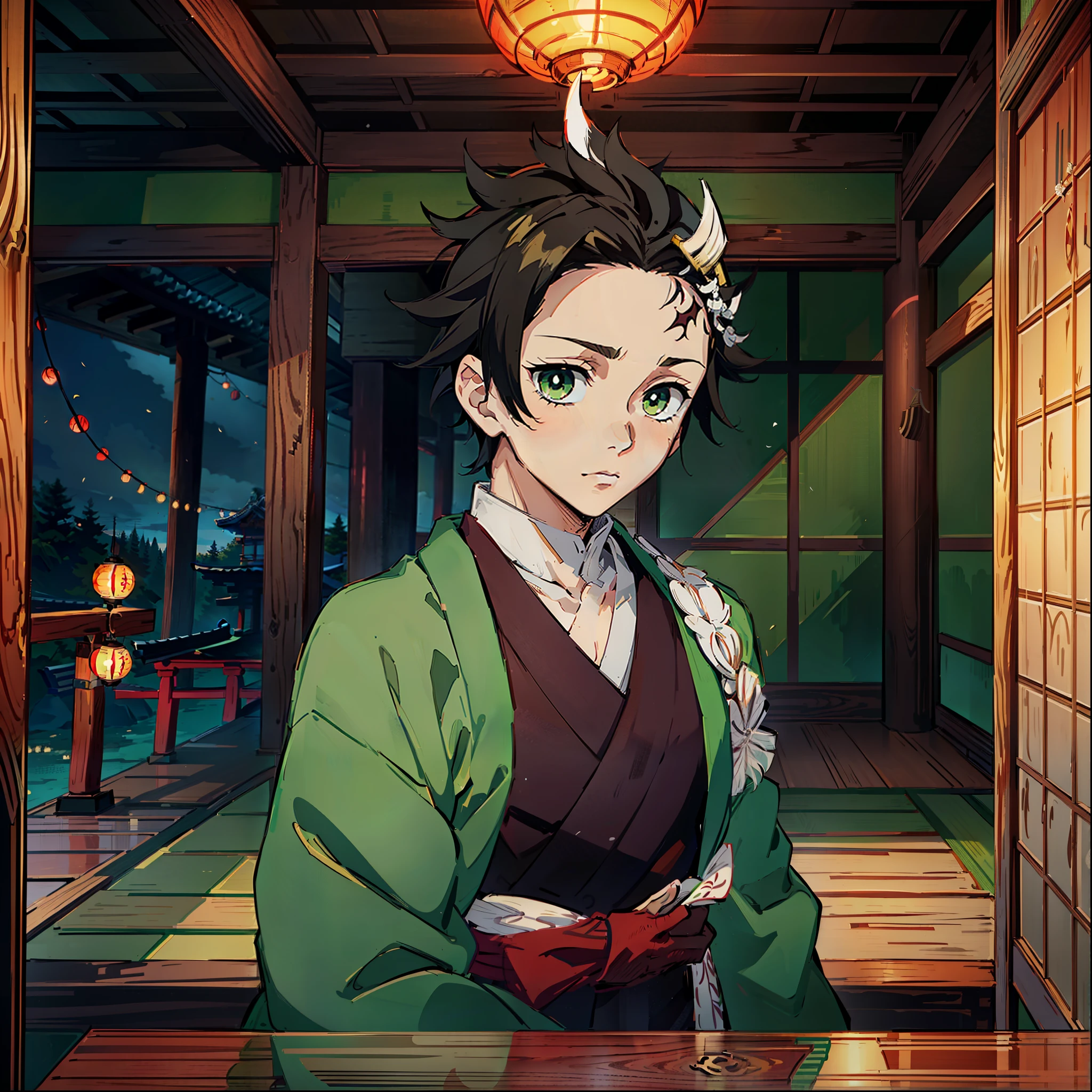 the anime, (Best Quality), ((1 adult boy)), ((muscled body)), Akaza (Hakuji) AB: kimetsu no yaiba, stands near the altar in a Japanese temple, (Night landscape in a Japanese temple), ((Ultra-short black hair)), ((Impassive green eyes)), (((Hair back))), (((open forehead))), japanese clothes, green kimono, a waist belt, looks at the viewer, The Art of the Demon Slayer, demon slayer artstyle, kimetsu no yaiba