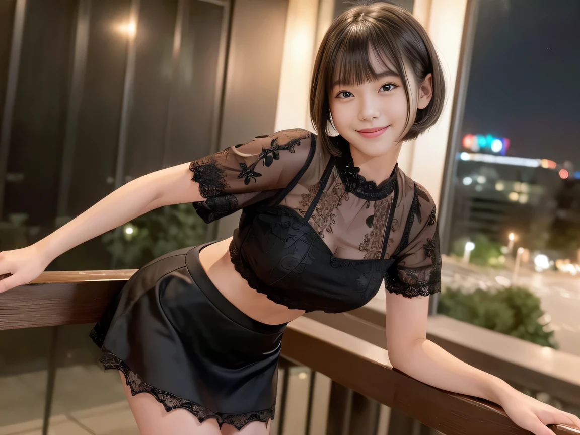 (Highest quality, masterpiece, Ultra-high resolution, 8K, RAW Photos, Realistic, Anatomically correct:1.5), 20-year-old girl:1.2, Embarrassing, avert your eyes, blush:1.0, View Viewer, ((Bar Lounge)) 、Large windows、Night view、 Light:1.2, Bokeh, Cinema Lighting:1.0, Depth of written boundary, sharp、 Cute face、Idol、((Black short sleeve lace top))、(Black Mini Skirt)、(Black clothing)、”(dwarf)”、(Floral clothes)、(Full Body Shot)、Side angle、Cowboy Shot、 smile、(Ultra short hair)、(Short bob cut)、(Straight bangs)、(( One Girl))、Large Breasts、