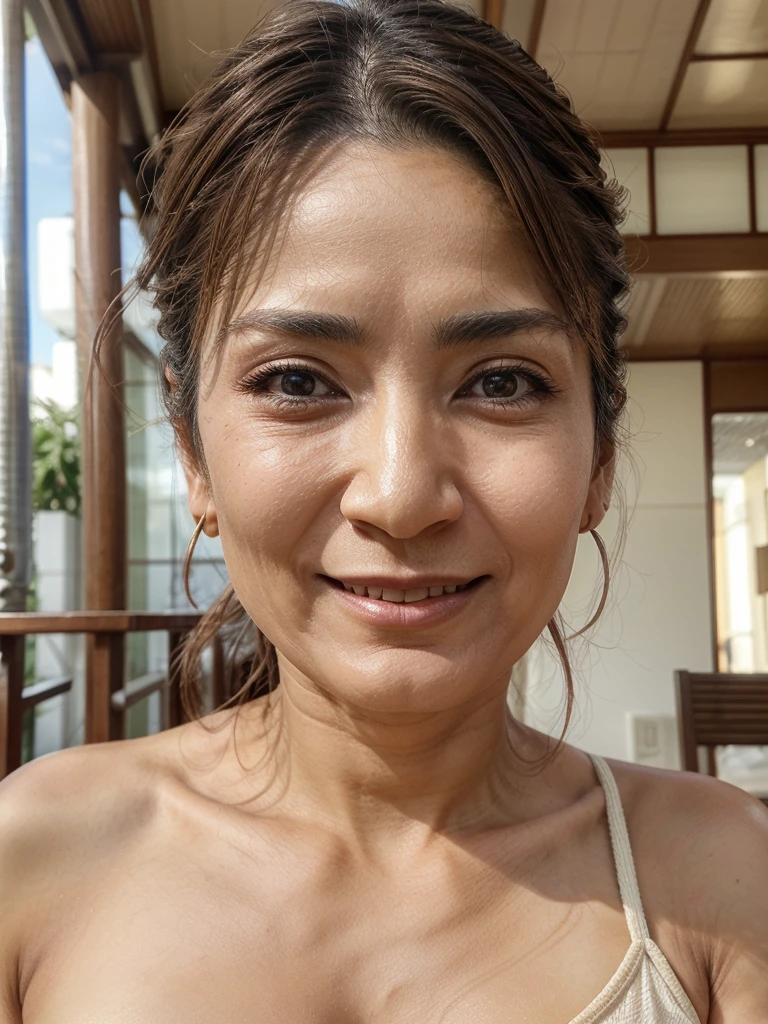 ((Highest quality)), ((8K)), ((masterpiece: 1.3)), (Perfect appearance), (Photorealism: 1.6), (JMA), (AYN), (1人のJapanese Mature), (Mature woman relaxing on the cafe terrace), (65 years old, Japanese Mature), ((Realistic skin texture)), (Fine lines all over the skin), (Dull skin), (Facial wrinkles), (Wrinkles around the eyes), double eyelid, Tear bags under the eyelids,
