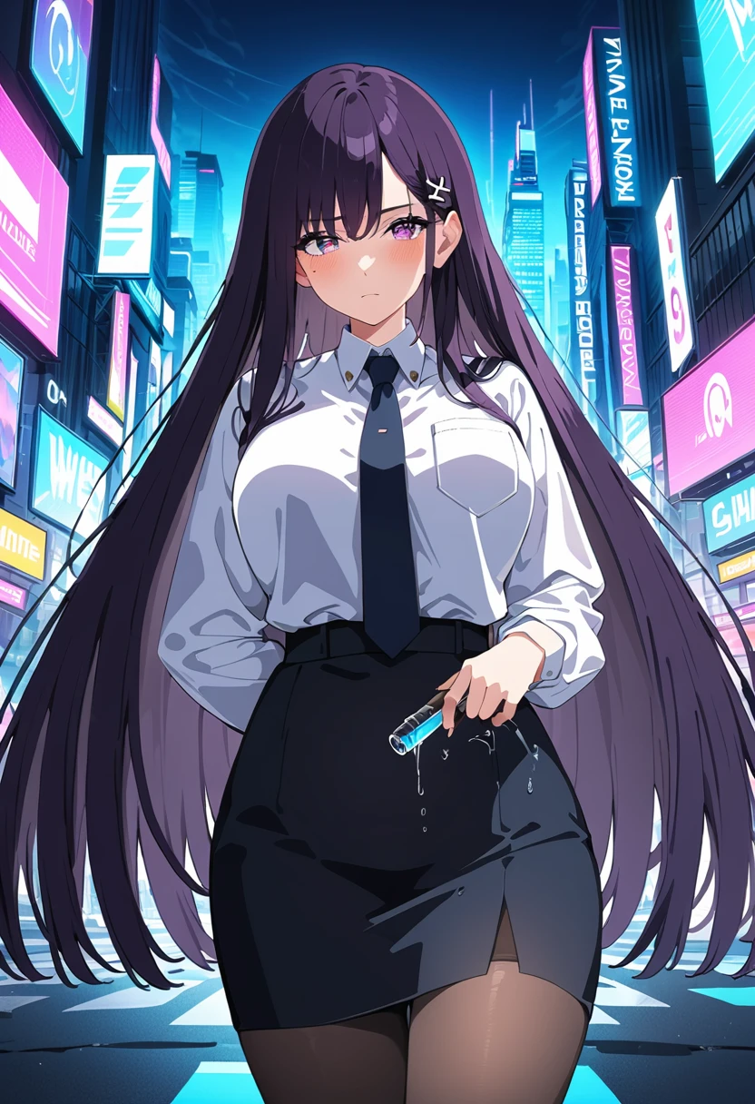 (masterpiece:1.37), best quality, (extremely detailed:1.37), woman, mature, adult, large breasts, very long hair, (straight hair:1.5), dark purple hair, purple eyes, (extremely detailed eyes:1.37), business suit, necktie, (long pencil skirt:1.5), pantyhose, desperation, (wetting: self:1.5), standing, embarrassed, humiliation, blushing, angry, city, futuristic, neon lighting, high-tech, street