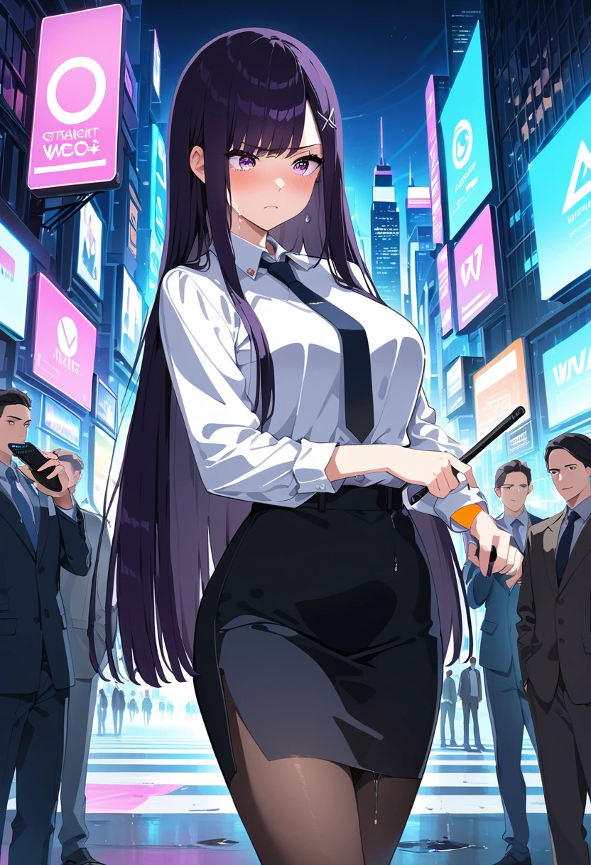 (masterpiece:1.37), best quality, (extremely detailed:1.37), woman, mature, adult, large breasts, very long hair, (straight hair:1.5), dark purple hair, purple eyes, (extremely detailed eyes:1.37), business suit, necktie, (long pencil skirt:1.5), pantyhose, desperation, (wetting: self:1.5), standing, embarrassed, humiliation, blushing, angry, city, futuristic, neon lighting, high-tech, street