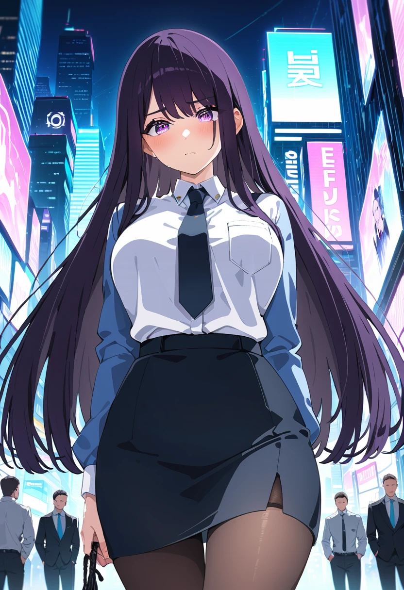 (masterpiece:1.37), best quality, (extremely detailed:1.37), woman, mature, adult, large breasts, very long hair, (straight hair:1.5), dark purple hair, purple eyes, (extremely detailed eyes:1.37), business suit, necktie, (long pencil skirt:1.5), pantyhose, desperation, (wetting: self:1.5), standing, embarrassed, humiliation, blushing, angry, city, futuristic, neon lighting, high-tech, street