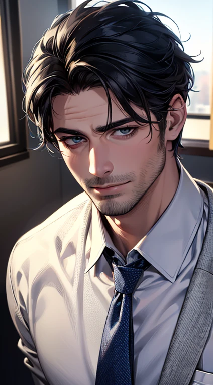 (best quality,4k,8k,highres,masterpiece:1.2),ultra-detailed,(realistic,photorealistic,photo-realistic:1.37),1 man,31 years old,mature man,very handsome,without expression,smile,short grey black hair,blue eyes,penetrating gaze,perfect face without errors,imposing posture,businessman,office background,cinematic lighting,hdr image