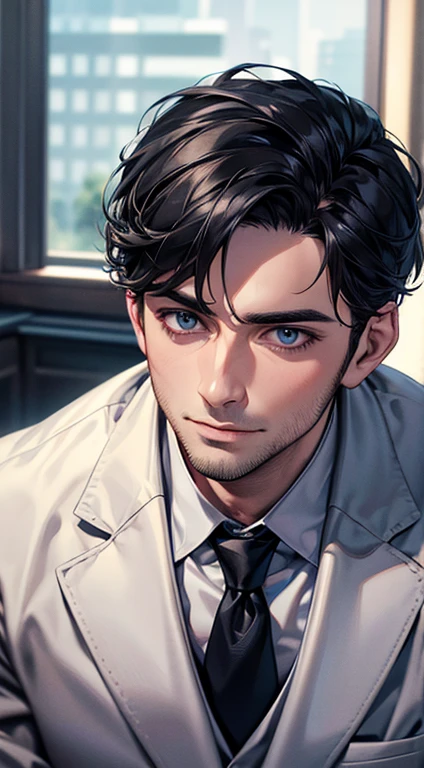 (best quality,4k,8k,highres,masterpiece:1.2),ultra-detailed,(realistic,photorealistic,photo-realistic:1.37),1 man,31 years old,mature man,very handsome,without expression,smile,short grey black hair,blue eyes,penetrating gaze,perfect face without errors,imposing posture,businessman,office background,cinematic lighting,hdr image