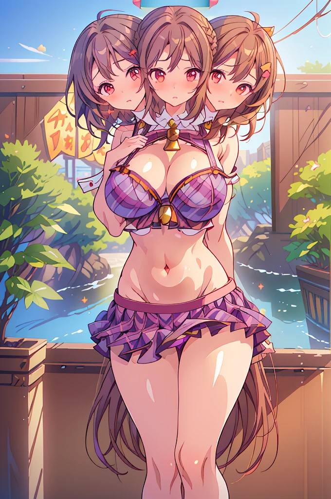 (masterpiece, best quality), best quality, (ultra-detailed), *(3heads:1.5)), 1girl, (sumireko usami:1.3), masterpiece, best quality, ultra quality, ultra resolution, ultra detail, purple plaid top, crop top, ((stomach)), midriff, ((groin)), purple plaid skirt, normal ears, shackles, brown hair, shoulder-length hair, pigtails, very long hair, wavy hair, sidelocks, brown eyes, detailed eyes, parted lips, sweat, cute, open belly, toned belly, hand on own chest, eyelashes, (24 year old woman:1.3), (masterpiece:1.5), (best quality:1.5), (beautiful detailed), extremely detailed CG, extremely delicate and beautiful, depth of field, (finely detailed face), (perfect details:1.2), (mature female:1.3), wide pelvis, slender, large veiny breast, 16k resolution, highres, very high quality, very high definition, extremely detailed, masterpiece, brown hair, long hair, alluring presence, braid, short skirt, close up, very big tits, huge tits, young, fedora, girl with three heads, three headed girl,
