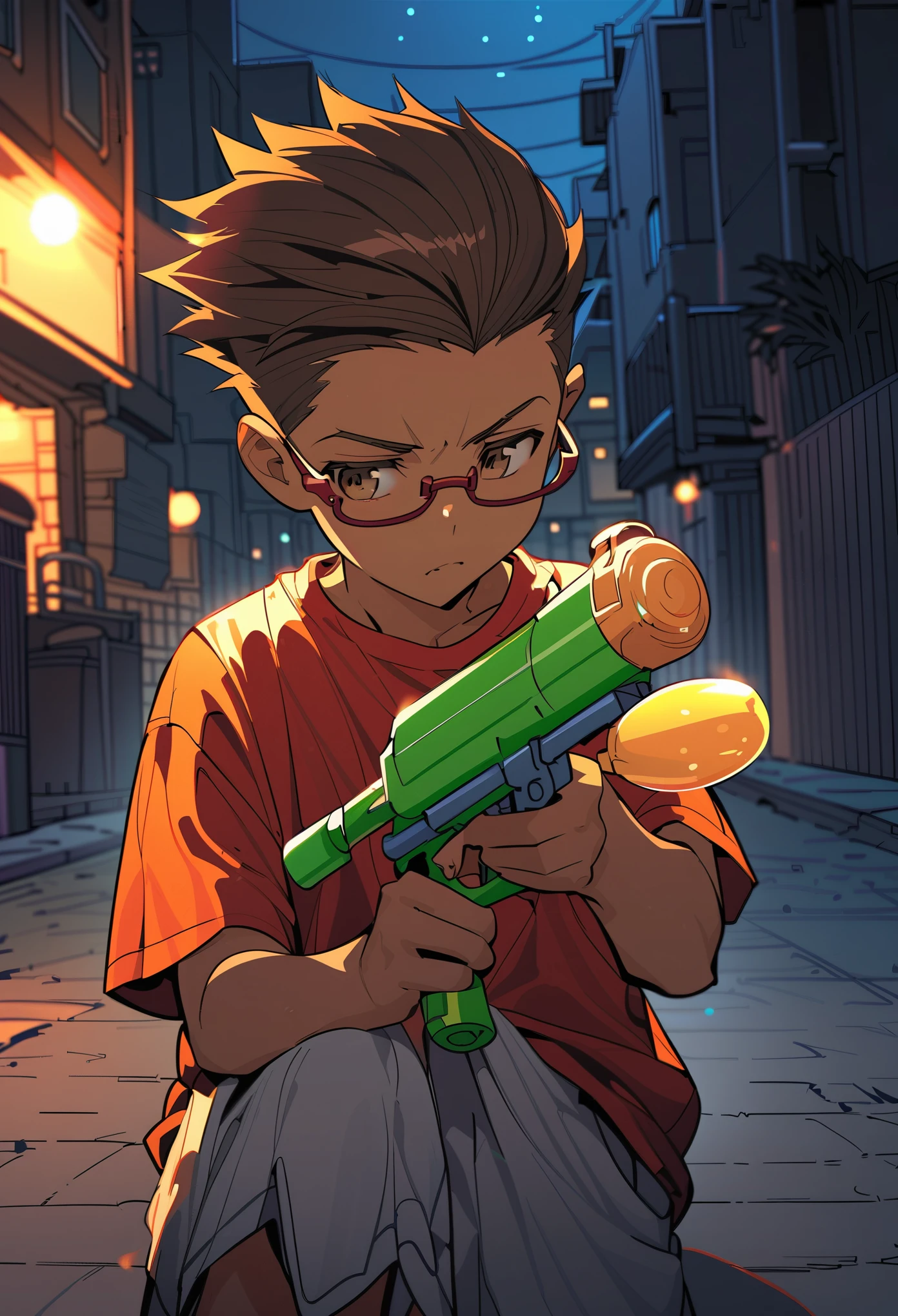 Solo male, 12 years old, African-American, ((brown hair with shaved sides)), dark brown eyes, reading glasses, serious expression, holding a squirt gun, neighborhood background, nighttime, red short-sleeved shirt, basketball shorts