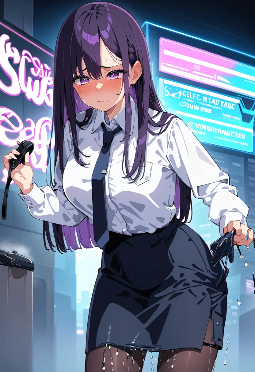 (masterpiece:1.37), best quality, (extremely detailed:1.37), woman, mature, adult, large breasts, very long hair, (straight hair:1.5), dark purple hair, purple eyes, (extremely detailed eyes:1.37), business suit, necktie, (long pencil skirt:1.5), pantyhose, desperation, (wetting: self:3.0), standing, embarrassed, humiliation, blushing, angry, city, futuristic, neon lighting, high-tech, street