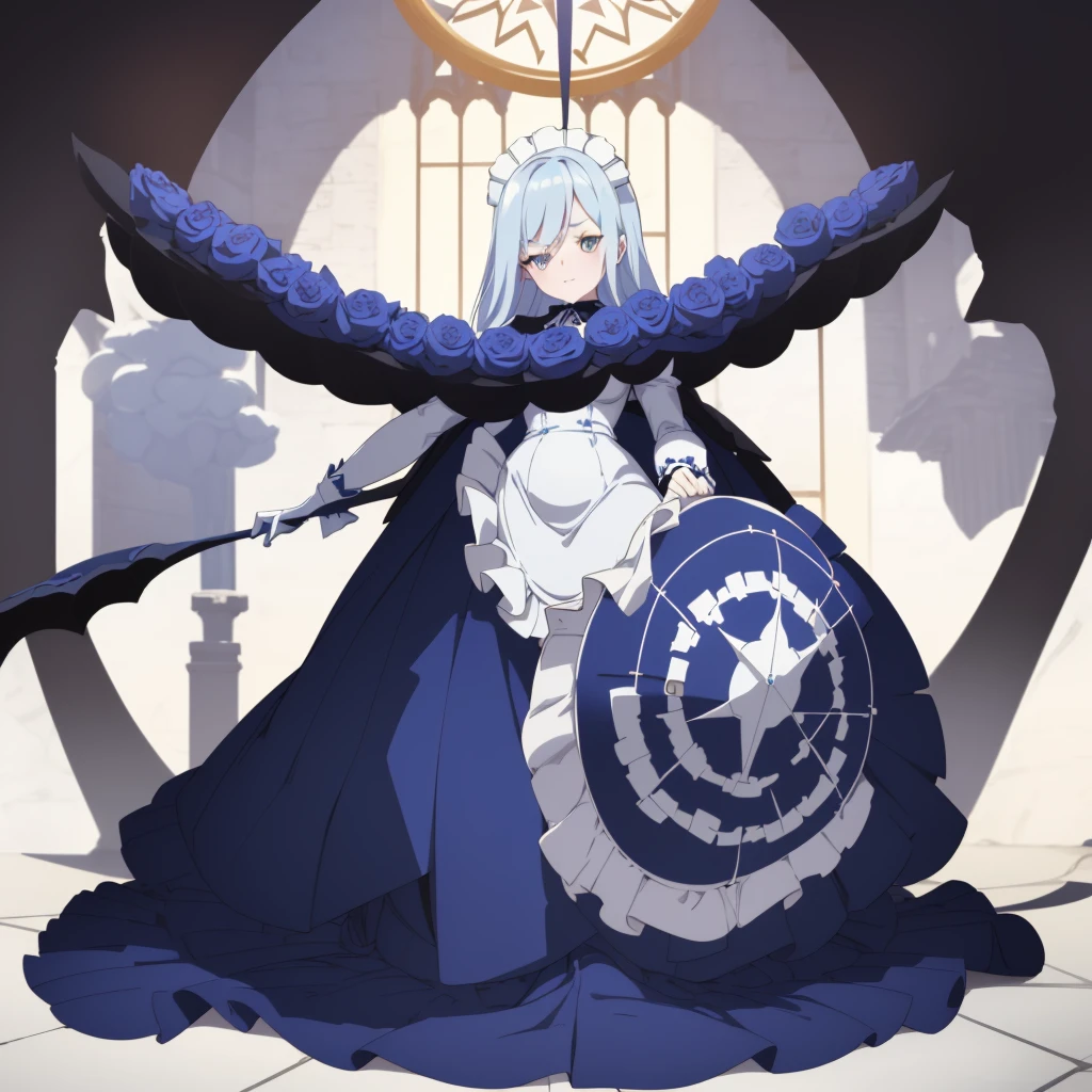 ((cathedral background)),1 girl! Ray tracing, best shadows, high resolution (dim lighting) blue hair, plump and slender girl, (girl wearing white shirt, black wrinkled skirt, with black transparent pantyhose), showing a delicate slim figure and graceful curves, correctly positioned and reasonable limbs! facial details! Delicate facial features, pay attention to the position details of the legs! Pay attention to hand details! High quality! More eligible! Reduce errors, ultra-detailed CG, more reasonable picture! Delicate finger detailing,((blue medium hair)),((White Maid Costume)),blue eyes,((whole body)),whole body,((White Maid Costume)),((White Maid Costume)),evil smile,((cathedral background)),((cathedral background)),