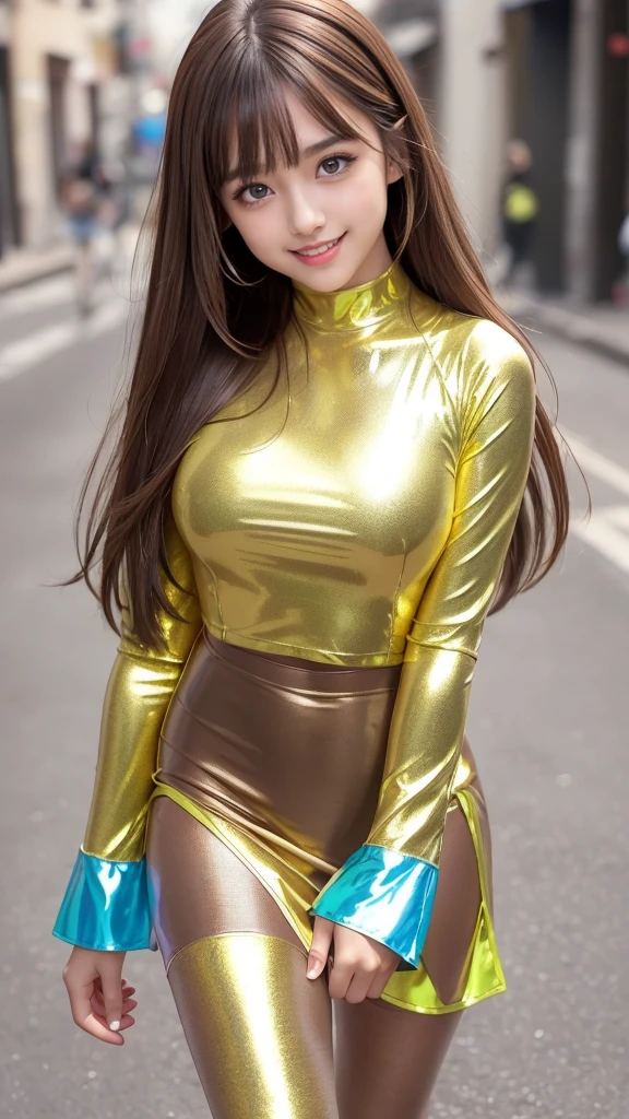 Angelic Very beautiful cute girl,11 yo,
Beautiful detailed eyes,
Detailed double eyelids,
(Large eyes:1.4),
Long straight brown hair,
see-through bangs,
Sharp Focus,small straight nose,
beautiful detailed face and eyes,
drooping eyes,
(Soft Saturation: 1.3), (Fair skin: 1.2),BREAK (Super Shiny metallic neon yellow Tight mini Skirt :1.2),
( Super shiny metallic blue fashionable long sleeves tops:1.5) , (Super shiny pantyhose:1.3) ,(costume with strong reflective surfaces:1.5), (smile:1.5),Walking,
Costume lighting,
In the street ,
(Brown hair:1.3)
