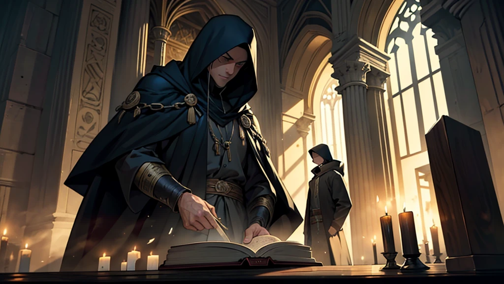 Imagine an intriguing and mysterious scene: a hooded character, standing with your back to the viewer, in a dark and ancient environment. In front of you, an antique wooden table with ancient scrolls and open religious books. Dim light from nearby candles highlights details of ancient inscriptions on the walls. Ao fundo, shadows suggest the presence of other hooded characters, adding an air of mystery and conspiracy. The focus of the scene is the contrast between darkness and points of light, creating an atmosphere of secrecy and power. The central character is immersed in reading an old book, with his face hidden by his hood, suggesting anonymity and an enigmatic figure who holds ancient and powerful knowledge.