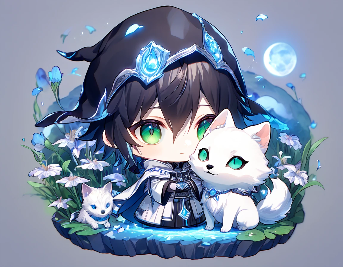 absurdres, highres, ultra detailed, HDR, master piece, Ulquiorra Cifer chibi, black hair, expressive green eyes, boy hugging a wolf, white wolf, pale skin, Bleach, magical hat, cute, best quality, blue moon, flowers, fantasy, magical, solo, water, blue shining fireflies, blue petals, cape, the word "Krozseria" is written on his shirt,