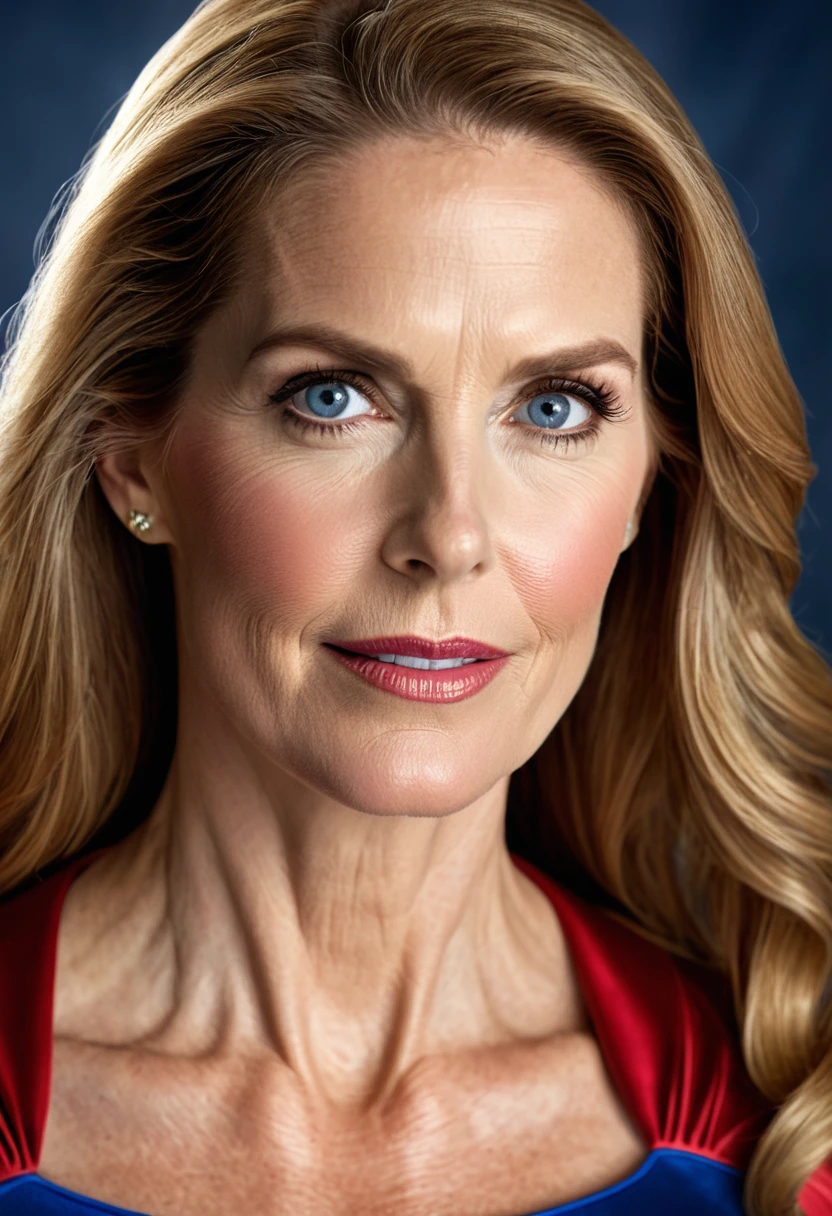 Julie Hagerty Supergirl; HD. Photograph, ((realism)), extremely high quality RAW photograph, ultra detailed photograph, sharp focus, high resolution, (detailed skin:1,3),high quality, film grain, Fujifilm XT3,Highly Detailed, movie, (Cinematic Photo:1.3) of (Realistic:1.3)