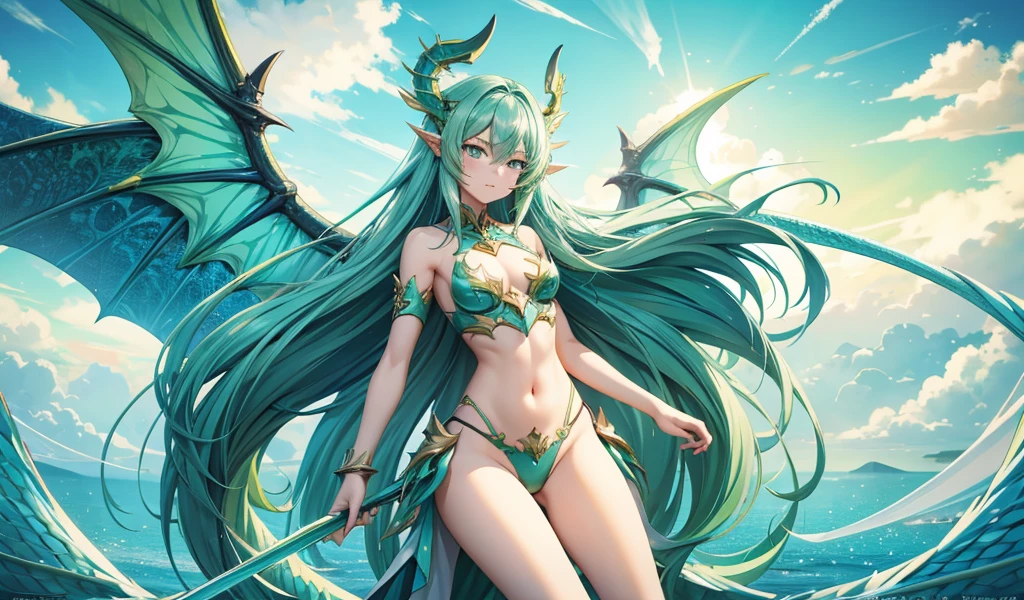 long cyan hair, Flat chested goddess，green dragon corner,cyan dragon wings,cyan dragon scales,Bare Legs,thong,，sky stormy