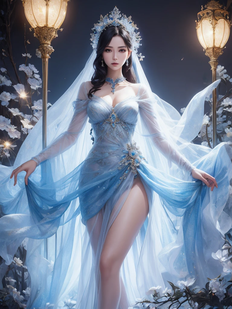 (top quality, 4K), Charming witch woman, Public Dress Code,Showing off the exquisitely designed princess dresses, Stately decorated with blue hues, Ultra-detailed description shows every detail, The tulle fabric is elegant and flowing, Brocade or velvet texture with sparkles, The exquisite headdress highlights her noble temperament, Blue gemstones and delicate silk thread decoration, Expressive and asymmetrical facial features, Clearly show fabric folds, A bright halo surrounds her, The moonlight flickered on her skirt, The incandescent atmosphere evokes the eternal, Ethereal charm.