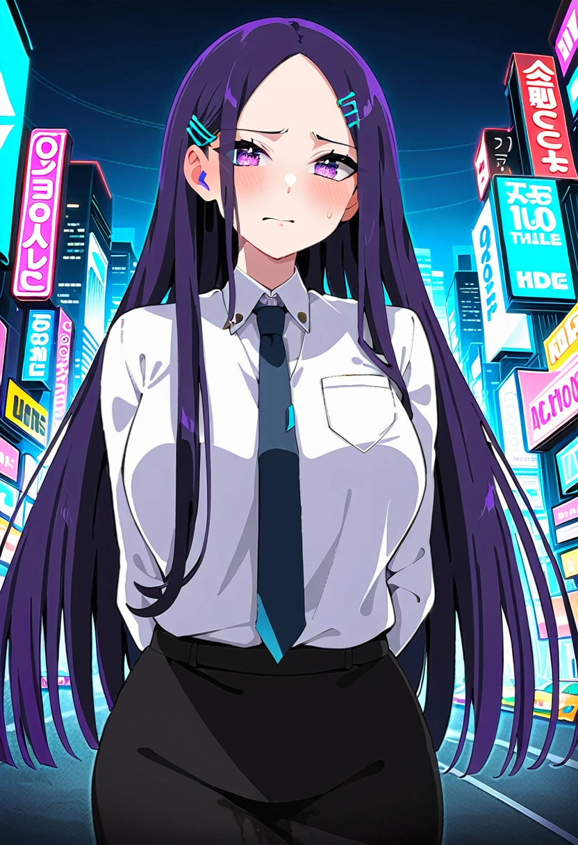 (masterpiece:1.37), best quality, (extremely detailed:1.37), woman, mature, adult, large breasts, very long hair, (straight hair:1.5), dark purple hair, purple eyes, (extremely detailed eyes:1.37), business suit, necktie, (long pencil skirt:1.5), pantyhose, desperation, wetting self, standing, embarrassed, humiliation, blushing, angry, city, futuristic, neon lighting, high-tech, street