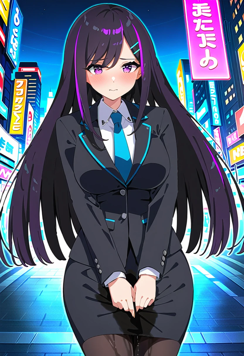 (masterpiece:1.37), best quality, (extremely detailed:1.37), woman, mature, adult, large breasts, very long hair, (straight hair:1.5), dark purple hair, purple eyes, (extremely detailed eyes:1.37), business suit, necktie, (long pencil skirt:1.5), pantyhose, desperation, wetting self, standing, embarrassed, humiliation, blushing, angry, city, futuristic, neon lighting, high-tech, street