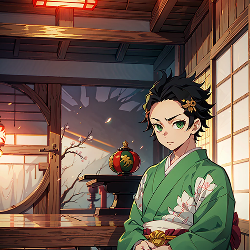 the anime, (Best Quality), ((1 adult boy)), ((muscled body)), Akaza (Hakuji) AB: kimetsu no yaiba, stands near the altar in a Japanese temple, (Night landscape in a Japanese temple), ((Ultra-short black hair)), ((Impassive green eyes)), (((Hair back))), (((open forehead))), japanese clothes, white kimono, a waist belt, looks at the viewer, The Art of the Demon Slayer, demon slayer artstyle, kimetsu no yaiba