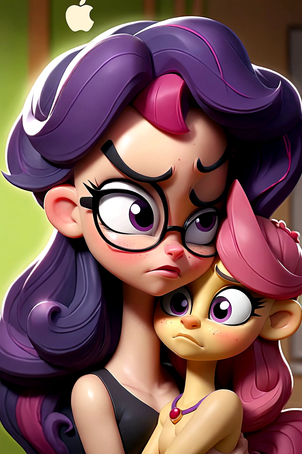 ((High Quality)) ((Perfect Autonomy)) Masterpiece, Twilight Sparkle and Apple Bloom, two girls, Twilight Sparkle, wearing black glasses and has a ponytail, two girls, naked big breasts, thick body's, Twilight Sparkle and Apple Bloom Equestria girls, two girls, pussy smothering, a whole lot of pussy juice, Twilight Sparkle and Apple Bloom, cuerpo completo, high resolusion