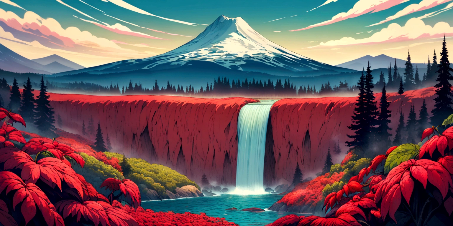 ultra wide landscape flooded with light moebius style, giant Red chilis, large basil, mt hood, waterfall, forest
