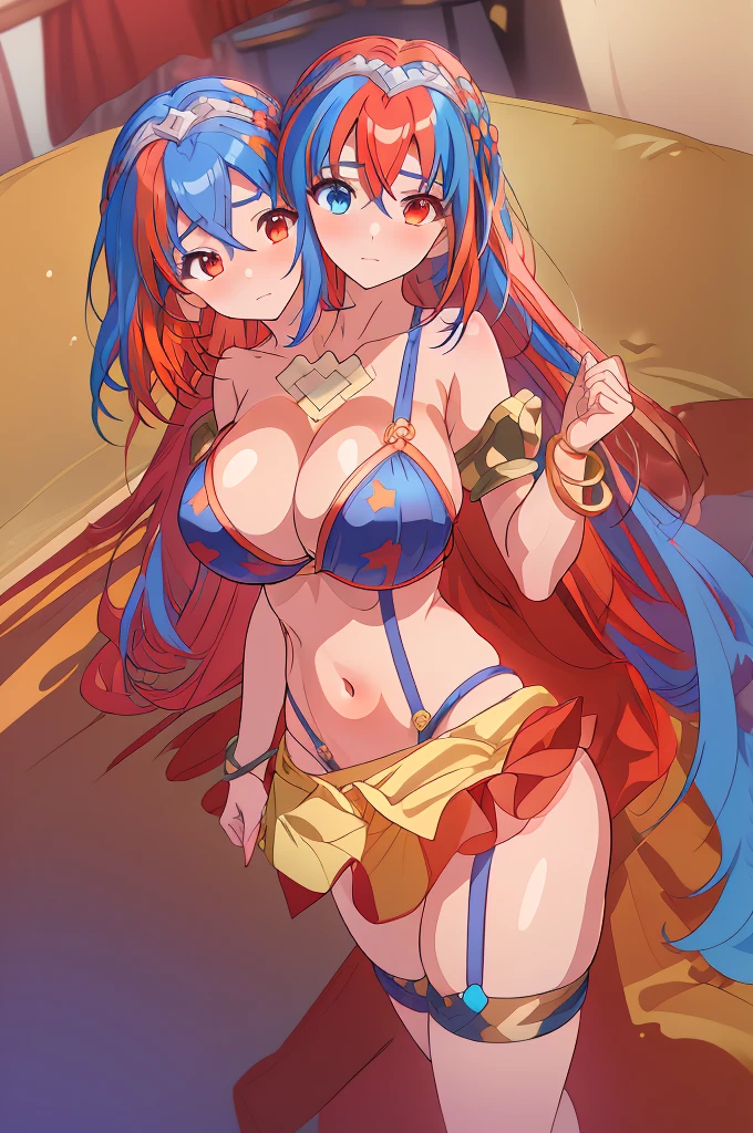 (extremely detailed CG),(best quality),( 3heads:1.5), 1girl, alear \(fire emblem\), heterochromia, crossed bangs, split-color hair, tiara, swimsuit, two-tone bikini, bracelet, blue sarong, thighlet, thigh strap, huge tits,