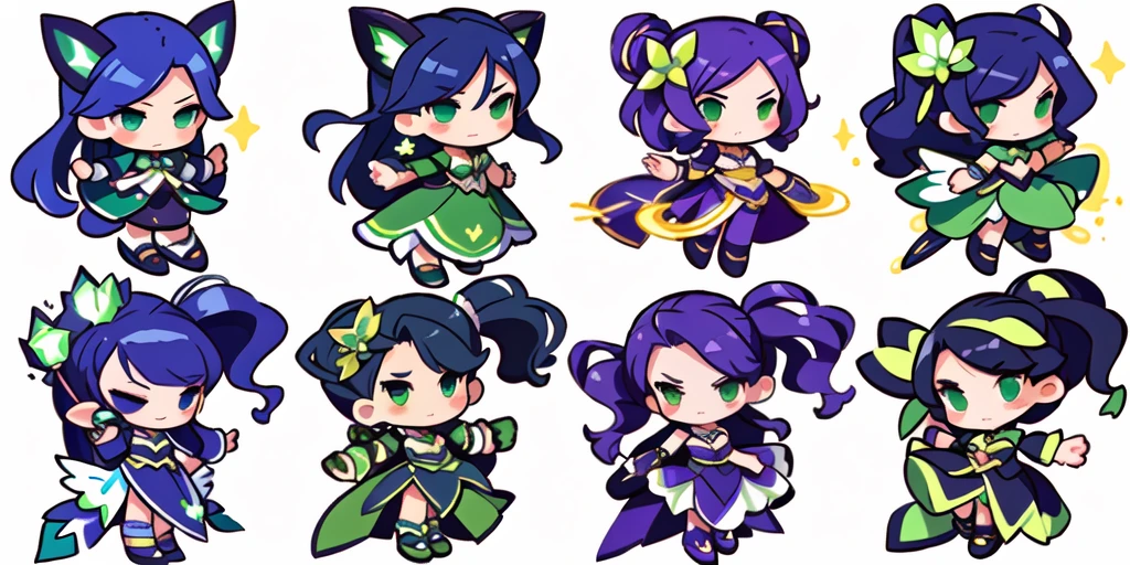 a close up of a cartoon character with different poses, spritesheet, sprite sheet, with familiar sprites, sprites, fairy girl, morgana, default pose neutral expression, twirling, sprite 2 d, shady, green fairy, smol, multiple poses, cute chibi, kawaii