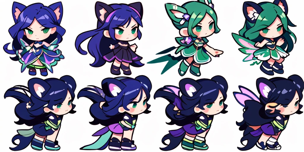 a close up of a cartoon character with different poses, spritesheet, sprite sheet, with familiar sprites, sprites, fairy girl, morgana, default pose neutral expression, twirling, sprite 2 d, shady, green fairy, smol, multiple poses, cute chibi, kawaii