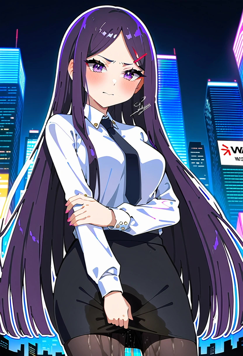 (masterpiece:1.37), best quality, (extremely detailed:1.37), woman, mature, adult, , very long hair, (straight hair:1.5), dark purple hair, purple eyes, (extremely detailed eyes:1.37), business suit, necktie, (long pencil skirt:1.5), pantyhose, desperation, (wetting self:2.0), standing, embarrassed, humiliation, blushing, angry, city, futuristic, neon lighting, high-tech, street