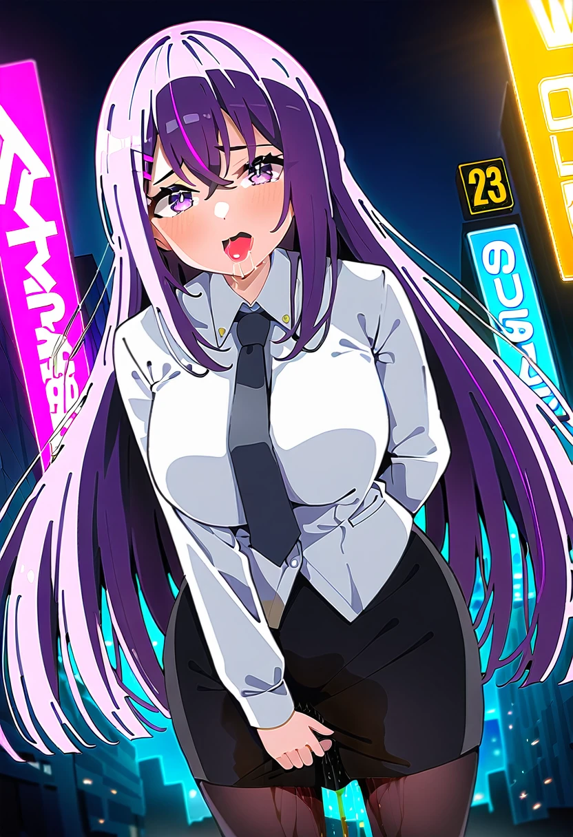 (masterpiece:1.37), best quality, (extremely detailed:1.37), woman, mature, adult, large breasts, very long hair, (straight hair:1.5), dark purple hair, purple eyes, (extremely detailed eyes:1.37), business suit, necktie, (long pencil skirt:1.5), pantyhose, desperation, (wetting self:2.5), standing, embarrassed, humiliation, blushing, angry, city, futuristic, neon lighting, high-tech, street