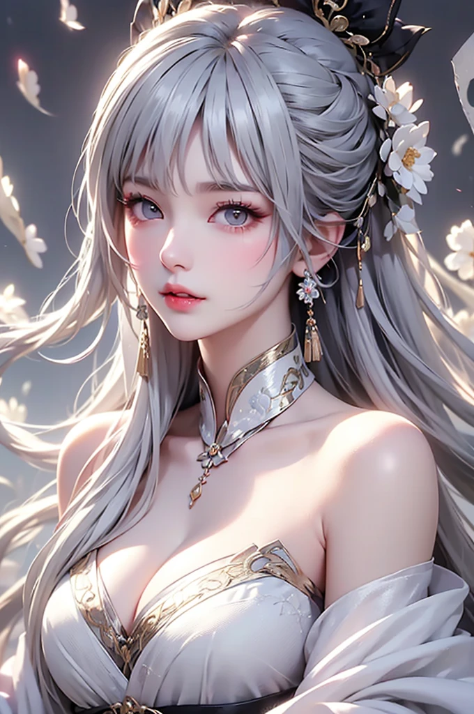 super high quality, masterpiece, Perfect illustration, Very detailed、8k wallpaper, Very detailed (Exquisite light and shadow, Very dramatic photo,Backlight) , ((Gray Hair:1.5))1 Girl, alone, (Wearing Han clothes, Royalty、Black and white Hanfu,Thick fabric,Long sleeve) Flower Field, Flowers, (White smoke:1.3) (Realistic:1.4), (Dynamic Angle: 1.4), Glowing Skin, (Floating colorful flashes: 1) The most beautiful chaotic shapes, elegant, Brutalist Design, Bright colors, Romantic Depth of Field Exotic_dance, half_naked、((Off the shoulder、Medium Chest、Beautiful cleavage))Touching lips