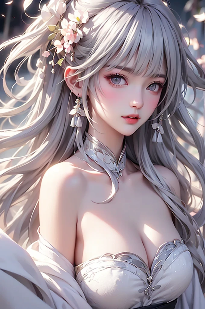 super high quality, masterpiece, Perfect illustration, Very detailed、8k wallpaper, Very detailed (Exquisite light and shadow, Very dramatic photo,Backlight) , ((Gray Hair:1.5))1 Girl, alone, (Wearing Han clothes, Royalty、Black and white Hanfu,Thick fabric,Long sleeve) Flower Field, Flowers, (White smoke:1.3) (Realistic:1.4),  (Dynamic Angle: 1.4), Glowing Skin, (Floating colorful flashes: 1) The most beautiful chaotic shapes, elegant, Brutalist Design, Bright colors, Romantic Depth of Field Exotic_dance, half_naked、((Off the shoulder、Medium Chest、Beautiful cleavage))Touching lips