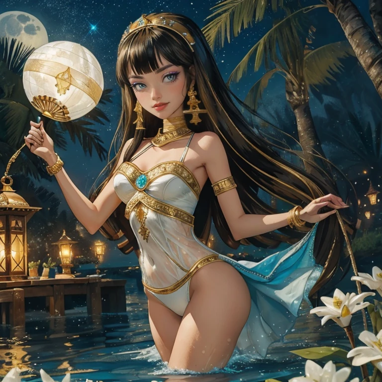 1 girl, lake scenery, seat on the water, white swim suit, gold details on her clothes, waterfall, white flowers on focus, full moon, night, flowing hair, crystals, sparkles, firefly, Egyptian aesthetic, smiling, Egypt style, Cleo de Nilo_(monster high), Monster High, holding a fan, lantern, Egypt pyramids in the background, jewel, lake scene, oasis, desert