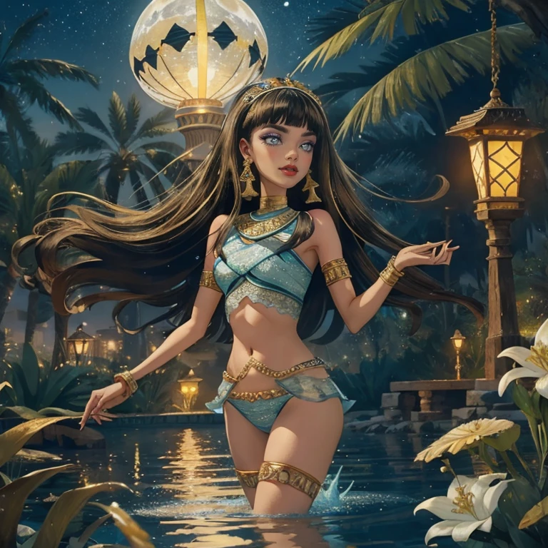 1 girl, lake scenery, seat on the water, white swim suit, gold details on her clothes, waterfall, white flowers on focus, full moon, night, flowing hair, crystals, sparkles, firefly, Egyptian aesthetic, smiling, Egypt style, Cleo de Nilo_(monster high), Monster High, holding a fan, lantern, Egypt pyramids in the background, jewel, lake scene, oasis, desert