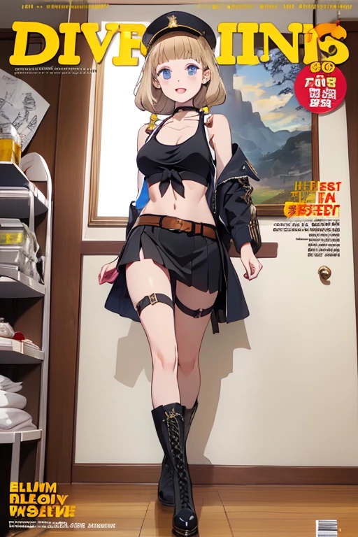(masterpiece:1.2), (Military uniform magazine cover:1.4),best quality,PIXIV,Sweet girl , sexy posture,1girl, (perky chest:1.2), rolling upskirt by wind:1.6, (with sparkling eyes and a contagious smile),open mouth, (pointed chest:1.2),fishnets, black hair, boots, long hair, black nails, skirt, shirt, solo, black footwear, bag, black skirt, jewelry, jacket, on head, black jacket, thigh strap, bangs, necktie, earrings, nail polish, multicolored hair, looking at viewer, full body, bottle, own hands together, belt, jacket on shoulders, food, cats on head, black necktie, ring, choker, english text, collared shirt, blue eyes, platform boots, hat, lace-up boots ,masterpiece、highest quality、Very detailed、An illustration、Beautiful fine details、One Girl、cute、Detailed landscape、Training Room Background:1.4、Platinum Blonde Hair、Braided Ponytail、Red camisole、((D cup breasts, Tank top showing underboob:1.3))