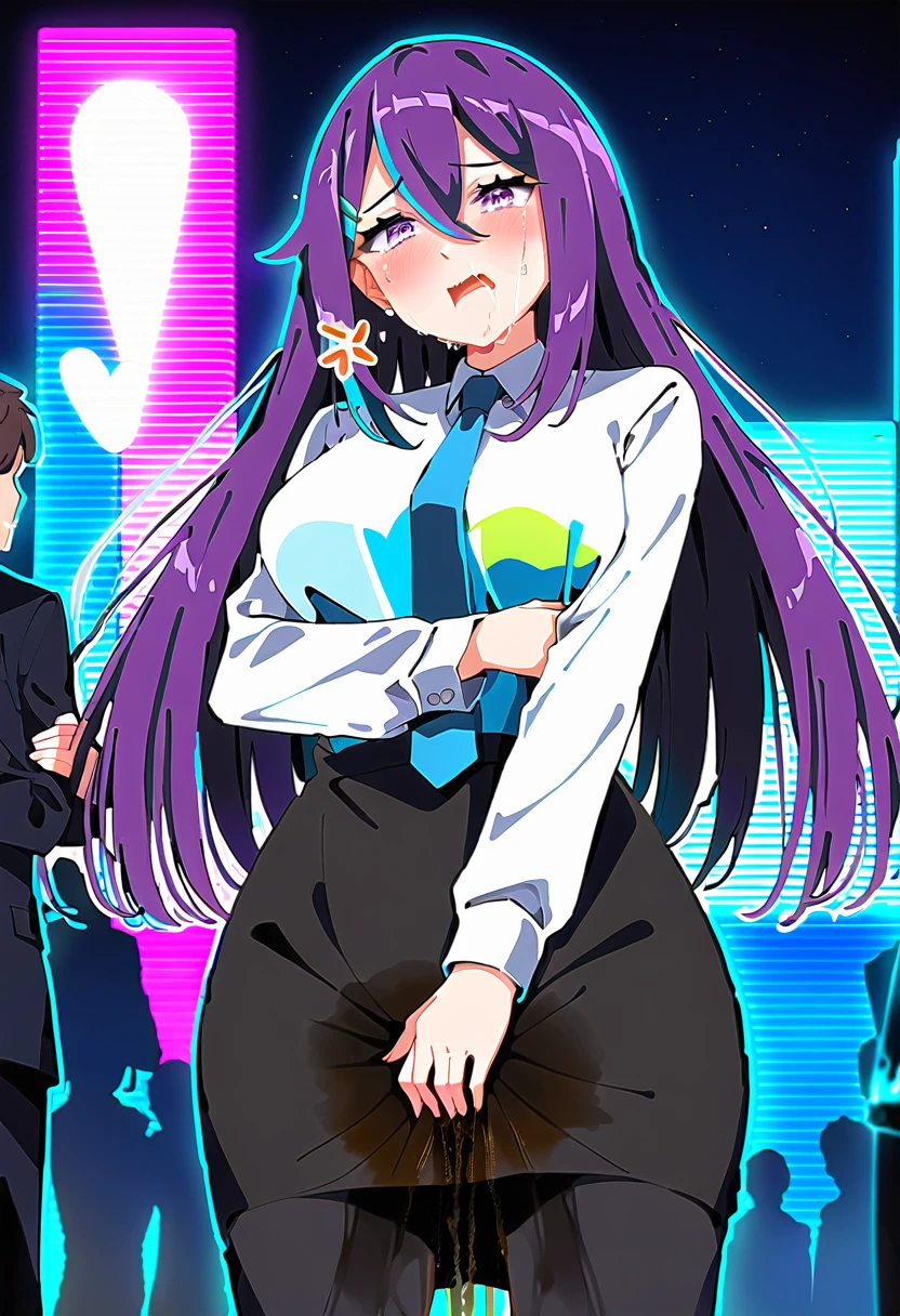 (masterpiece:1.37), best quality, (extremely detailed:1.37), woman, mature, adult, large breasts, very long hair, (straight hair:1.5), dark purple hair, purple eyes, (extremely detailed eyes:1.37), business suit, necktie, (long pencil skirt:1.5), pantyhose, desperation, (wetting self:3.0), standing, embarrassed, humiliation, blushing, angry, city, futuristic, neon lighting, high-tech, street